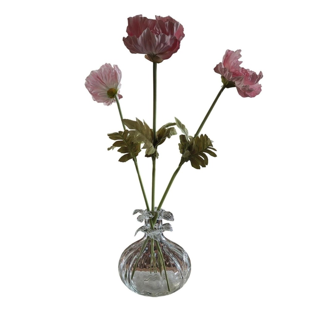 Clear Ribbed Glass‎ Bud Vase with Ruffled Collar and Faux Pink Poppy Flowers